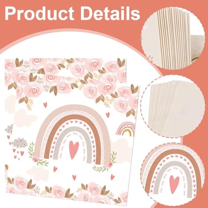 40 X RAINBOW FLOWER PATTERN NAPKINS IDEAL FOR BABY SHOWER BIRTHDAY GIRLS CHILDREN DISPOSABLE PAPER NAPKINS - Image 3